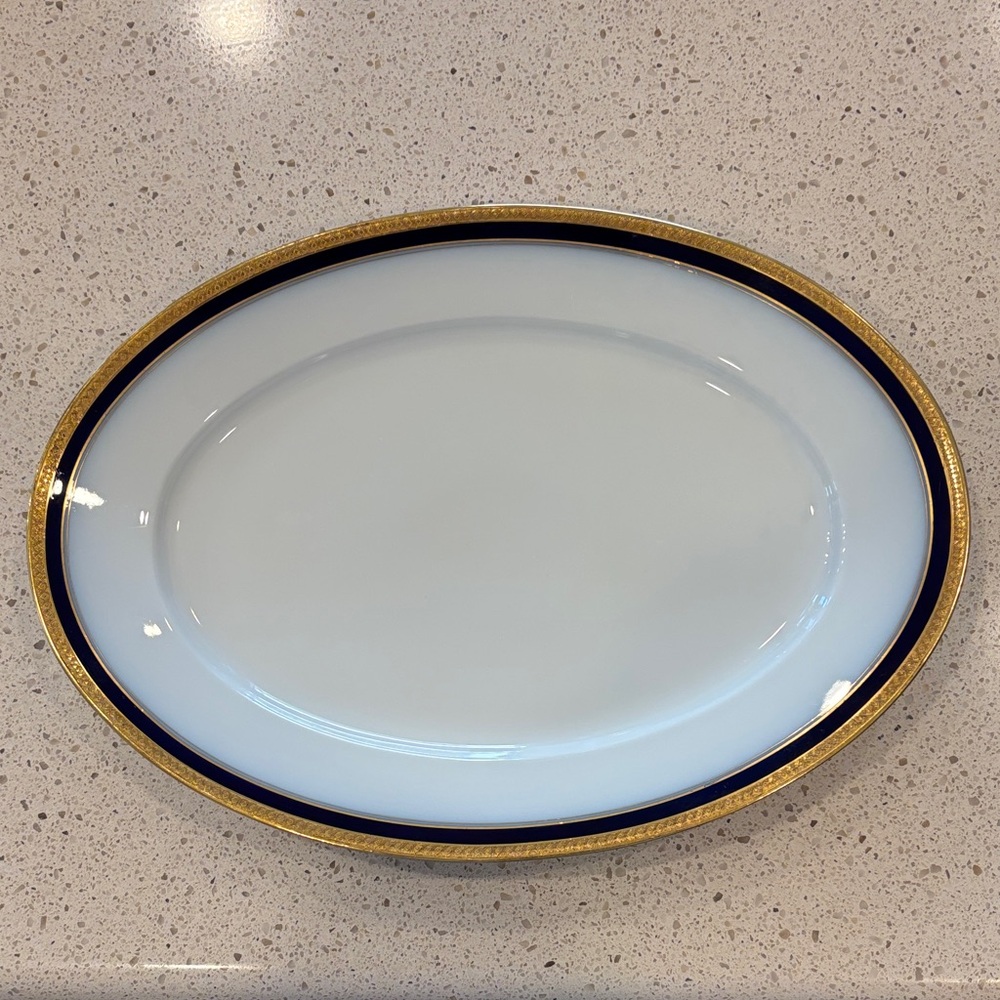 Rosenthal White Porcelain Oval Platter with Navy and Gold Trim